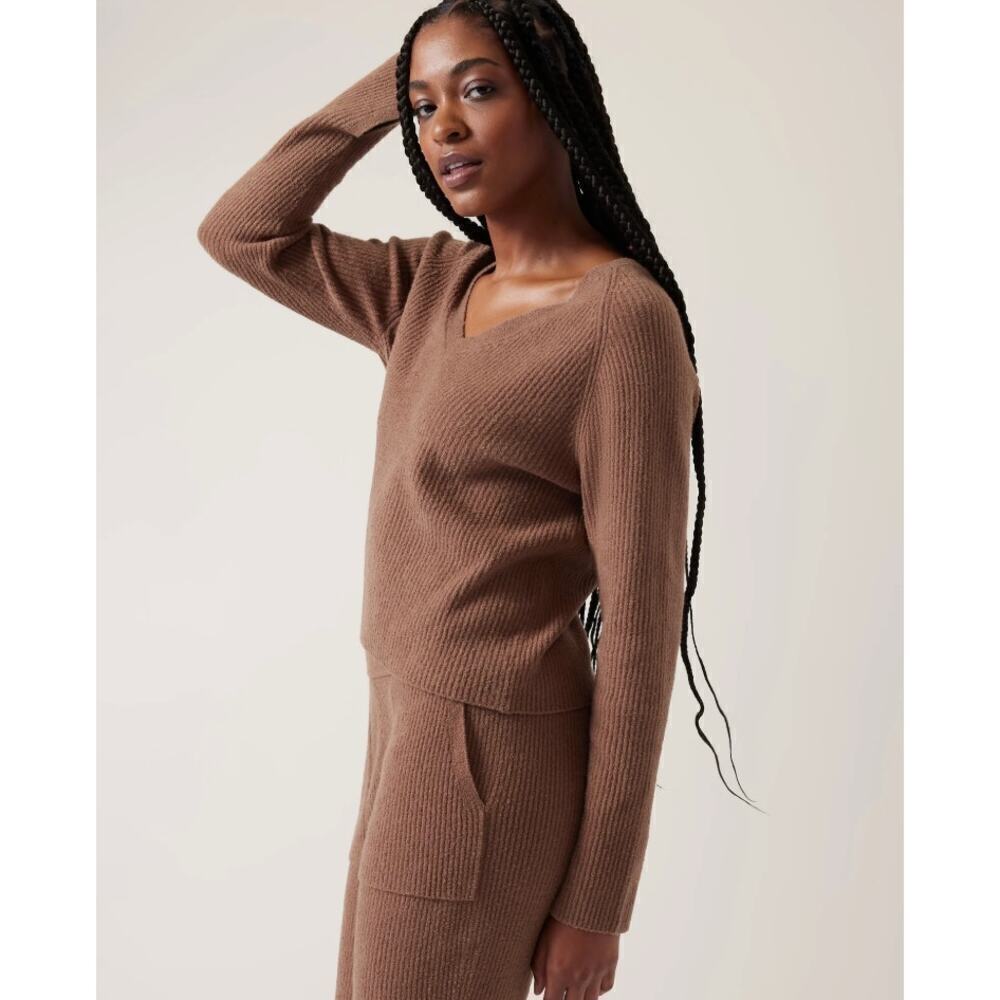 Athleta Felicity Cozy V-Neck Sweater Pullover Ribbed Tan XS Cashmere Blend